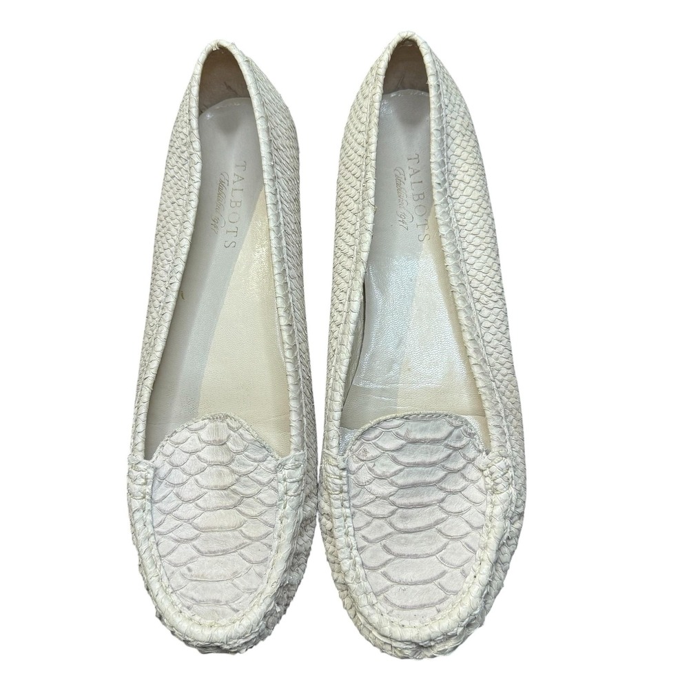 Talbots Shoes Womens Size 9.5 White Leather Driving Moccasin Flats Snake Print